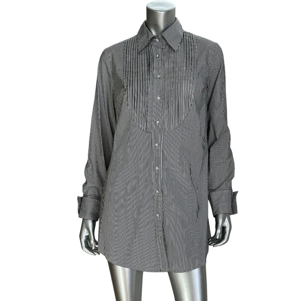 INC Blue White Striped Long Button-Down Tunic Shirt Size 12 Cotton Blend